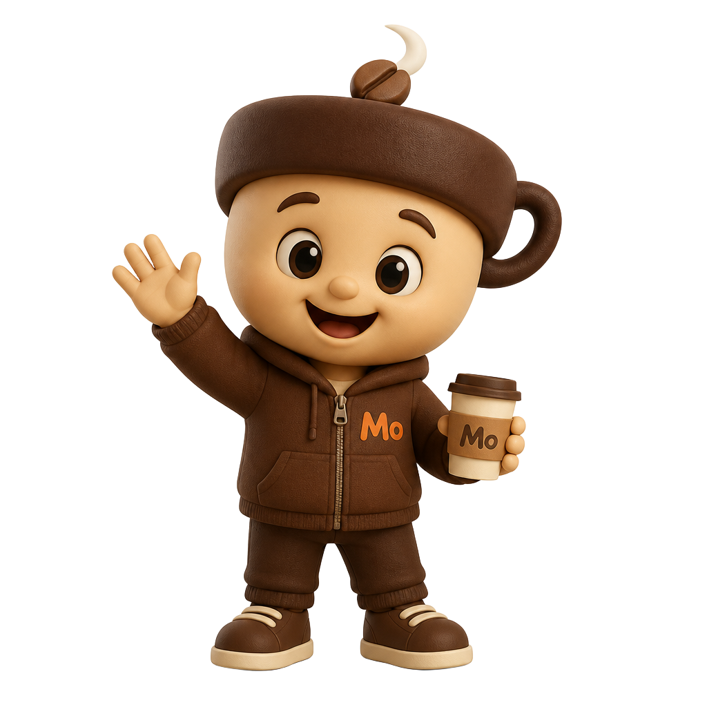 Mo, the CoffeeModes mascot, waving hello