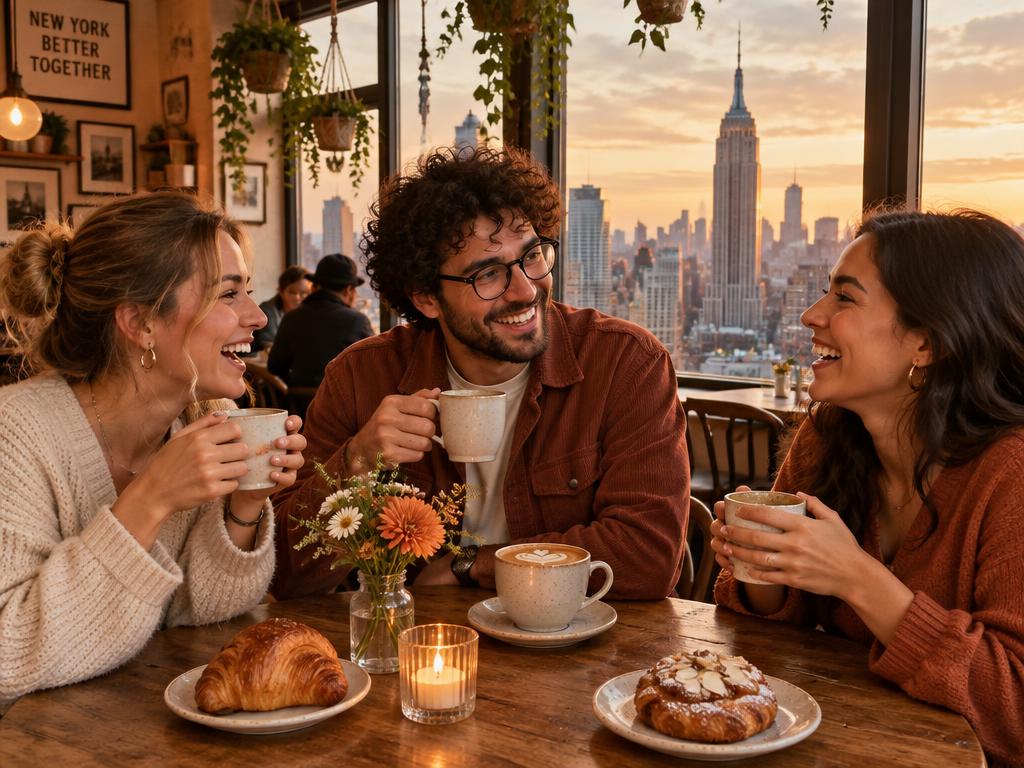 Three friends laughing over coffee in a cozy café with the Manhattan skyline outside